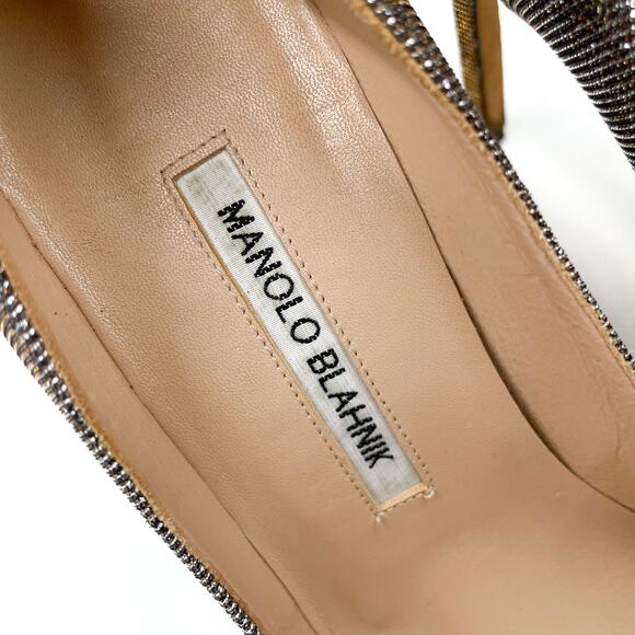 Manolo Blahnik BB Pumps Glitter Stiletto Heels Pointed Toe Dark Gold Sz 37 / 7 - Picture 5 of 8